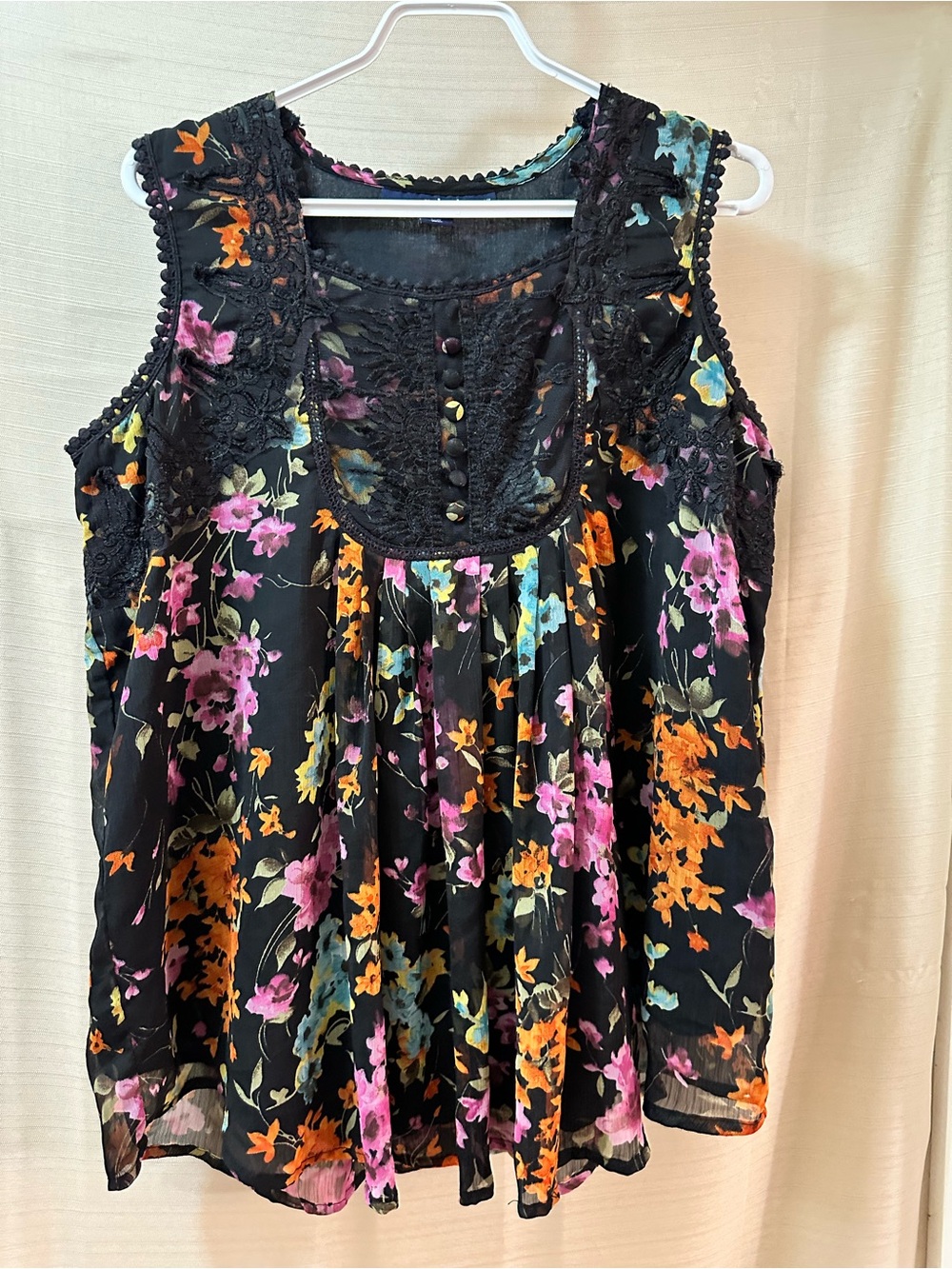 Denim 24/7 Floral Sheer Sleeveless Blouse Lace Trim Button Top 12W